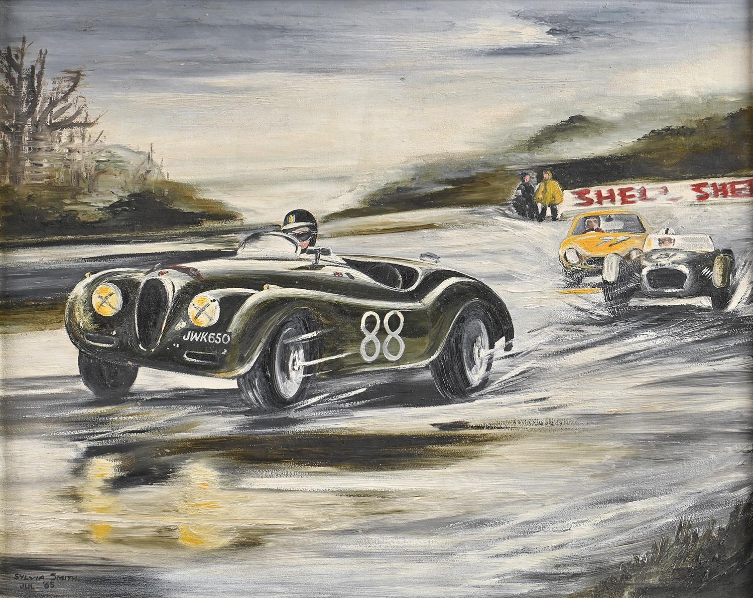 Sylvia Smith, 1965 - Jaguar XK120 in the Lead, signed and dated Jul '65, oil on canvas, 59 x 75cm
