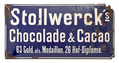 Advertising. Stollwerck's Chocolade & Cacao white and blue enamel sign, early 20th c, 50 x 100cm