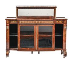 A Regency breakfront rosewood and brass inlaid chiffonier, with associated mirror inset galleried