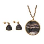 A Blue John pendant and earrings,  early 21st century, in 9ct gold, pendant 30mm diam and an earlier