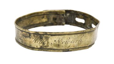 An English sheet brass dog collar, late 18th / early 19th c, engraved H Hall Newark, approximately
