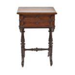 A French oak work table, 19th c, with fitted parquetry interior and mirror to the underside of the