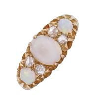 An opal and diamond ring, c1900, with rose cut diamonds in gold, unmarked, 5.1g, size P Opals