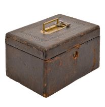 A Victorian blind tooled leather covered jewel box, brass handle, lock and keys, 23cm l Poor