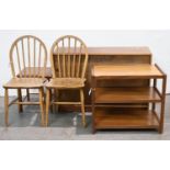 A pair of Ercol mid-century dining chairs, a contemporary teak three tier trolley, 60cm h; 69cm w,