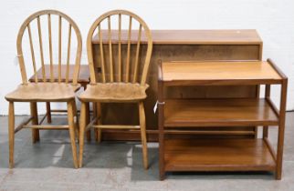 A pair of Ercol mid-century dining chairs, a contemporary teak three tier trolley, 60cm h; 69cm w,