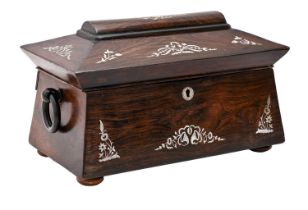 A rosewood sarcophagus shaped tea caddy, inlaid with mother of pearl, ring handles, 34cm w Lacks
