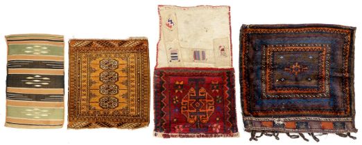 A Baluch bag, 76 x 79cm, an Afghan mat, 64 x 57cm, a Luristan bag (opened out) 94 x 57cm and a