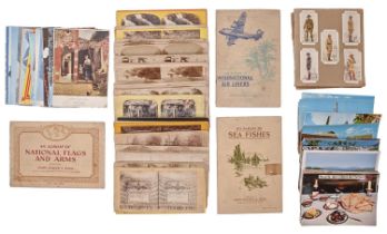 A quantity of Victorian stereograms, later cigarette cards in albums, postcards, etc