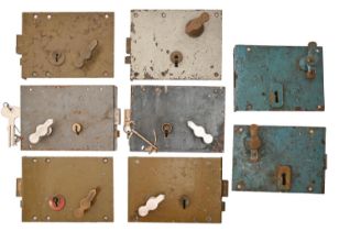 Prison. Eight painted steel cell door locks, one by James Gibbons, various sizes, several with key