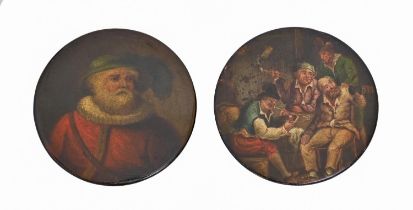 An English papier mache snuff box and cover, c1840, the cover painted with Falstaff, the underside