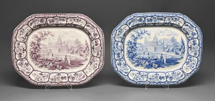 A Don Pottery blue printed earthenware Italian Fountain pattern meat dish, c1820-1833, 44cm l,