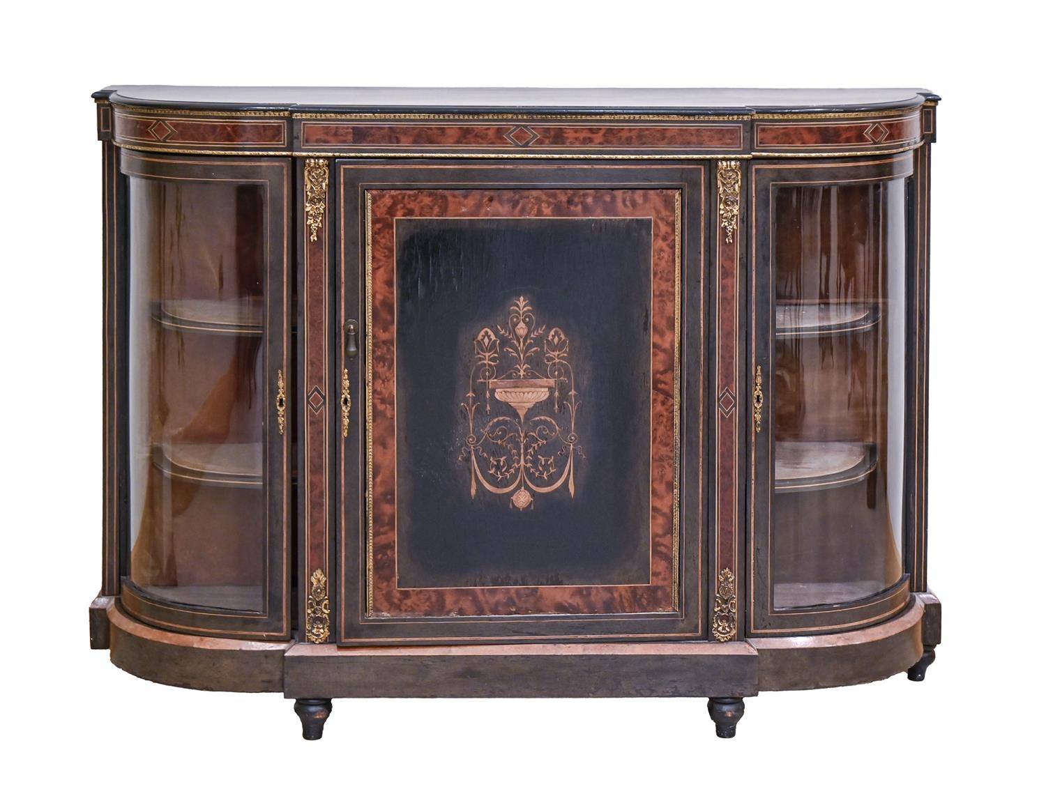 A Victorian ebonised amboyna and inlaid side cabinet, with gilt lacquered brass mounts, 104cm h;