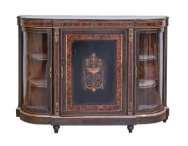 A Victorian ebonised amboyna and inlaid side cabinet, with gilt lacquered brass mounts, 104cm h;