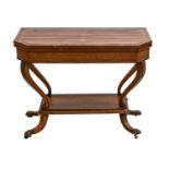 A George IV rosewood card table, crossbanded in rosewood and satinwood, on incurving legs and