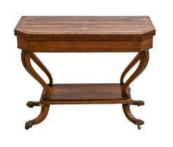 A George IV rosewood card table, crossbanded in rosewood and satinwood, on incurving legs and