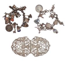 A Victorian cast openwork silver waist clasp, 12cm l, by W Comyns & Sons, London 1897 and two silver