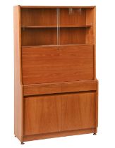 A teak bureau bookcase, 1970s, the upper part with glazed sliding doors, 156cm h; 92 x 41cm