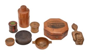 Treen. A Mauchline Ware octagonal thread box, the inner lid with advertisement for J & P Coats