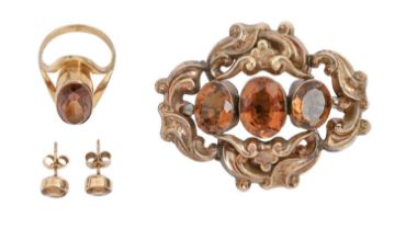 A citrine ring, in gold marked 9ct, a similar Victorian brooch and a pair of ear studs, 19g, ring