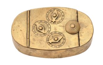 An English sheet brass snuff or tobacco box, early 19th c, with three dial combination lock, 83mm l