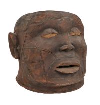 Tribal art. East Africa - a Makonde carved wood lipiko helmet mask, mid 20th c, 26 x 26cm Good