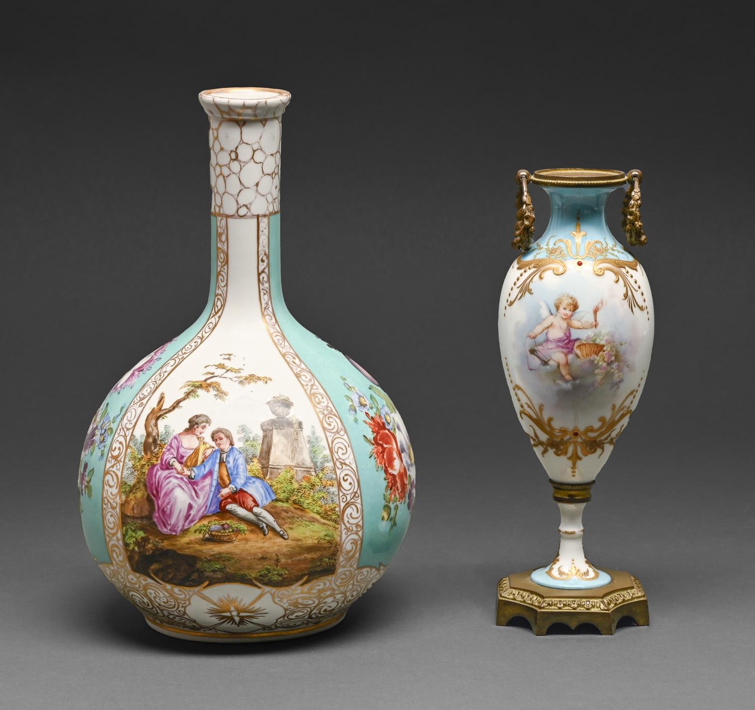 A German porcelain vase, c1900, of bottle shape, painted with scenes of lovers alternating with