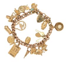 A gold charm bracelet, with a collection of 9ct gold charms, 19cm l, bracelet marked 9c, 45.8g
