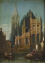 Northern European School, 19th c - A Riverside Cathedral, oil on panel, 36.5 x 27cm Varnish slightly