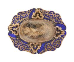 A Victorian gold and blue enamel mourning brooch, inset hair, reverse engraved with inscriptions