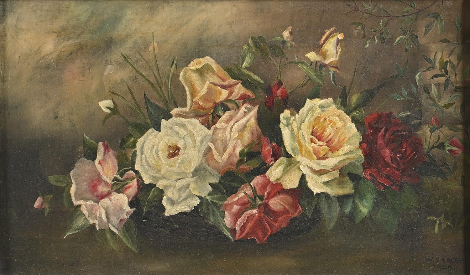 W S Lacey (Fl. early 20th c) - Roses, two, both signed and dated 1929, oil on canvas, 36 x 62cm - Image 4 of 6