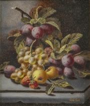 Oliver Clare (1853-1927) - Still Life with Plums and other Fruit on a Stone Ledge, signed, oil on