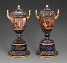 A pair of Vienna style vases, pedestals and covers, c1900, painted by C Heer, one signed, with