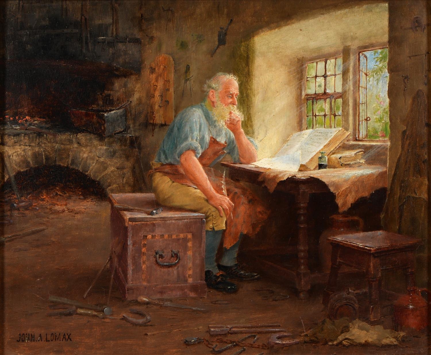 John Arthur Lomax (1857-1923) - Interior of a Farrier's Shop, signed, oil on panel, 24 x 29cm Clean,