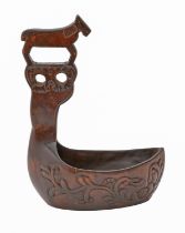 Folk Art. A Scandinavian carved wood drinking vessel, horse handle, 26.5cm h Good condition,