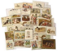 Christmas Greetings Cards. Thirty-three cards featuring cats, 19th/early 20th c, including a party