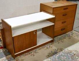 A 1970s teak chest of drawers, 77cm h; 79 x 42cm, a glass topped teak trolley and a contemporary