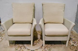 A pair of Lloyd Loom armchairs, seat height 43cm, overall width 80cm Good condition