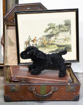 Soft toy. A black plush glass eyed black terrier, an oak mirror, hunting print and two vintage