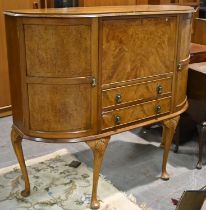 A walnut bow fronted bureau-cabinet, 112cm h x 121cm w and miscellaneous other furniture,