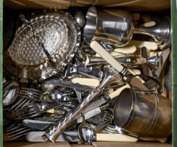 Miscellaneous items, including plated flatware, a Victorian oak writing box, table linens, etc