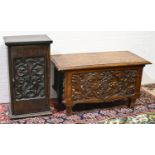 An antique style panelled and carved oak blanket box, 116cm l; 53 x 57cm, another smaller and an oak