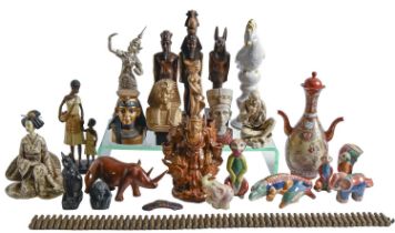 Miscellaneous ceramics and other items, including oriental figurines, candlesticks, wooden carvings,