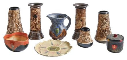 A quantity of Bretby art pottery, early 20th c and later, including two pairs of vases, 25cm h and