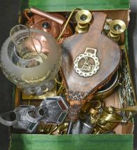 Miscellaneous items, including a pair of brass candlesticks, hearth bellows, copper kettle and a cut