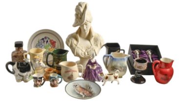 Miscellaneous decorative and other ceramics, including Wade Whisky jugs, a novelty cow teapot,