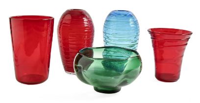 A quantity of coloured and decorative glass bowls and vases