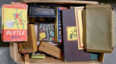 Vintage toys and games, including bagatelle boxwood chessmen, scrabble, dominoes and various other