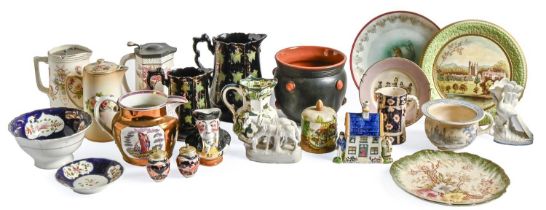Miscellaneous ceramics, including Staffordshire money bank, Masons ironstone and copper lustre jugs,