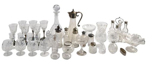 Miscellaneous cut and other glassware, including EPNS mounted claret jug, cruet frame, decanters,